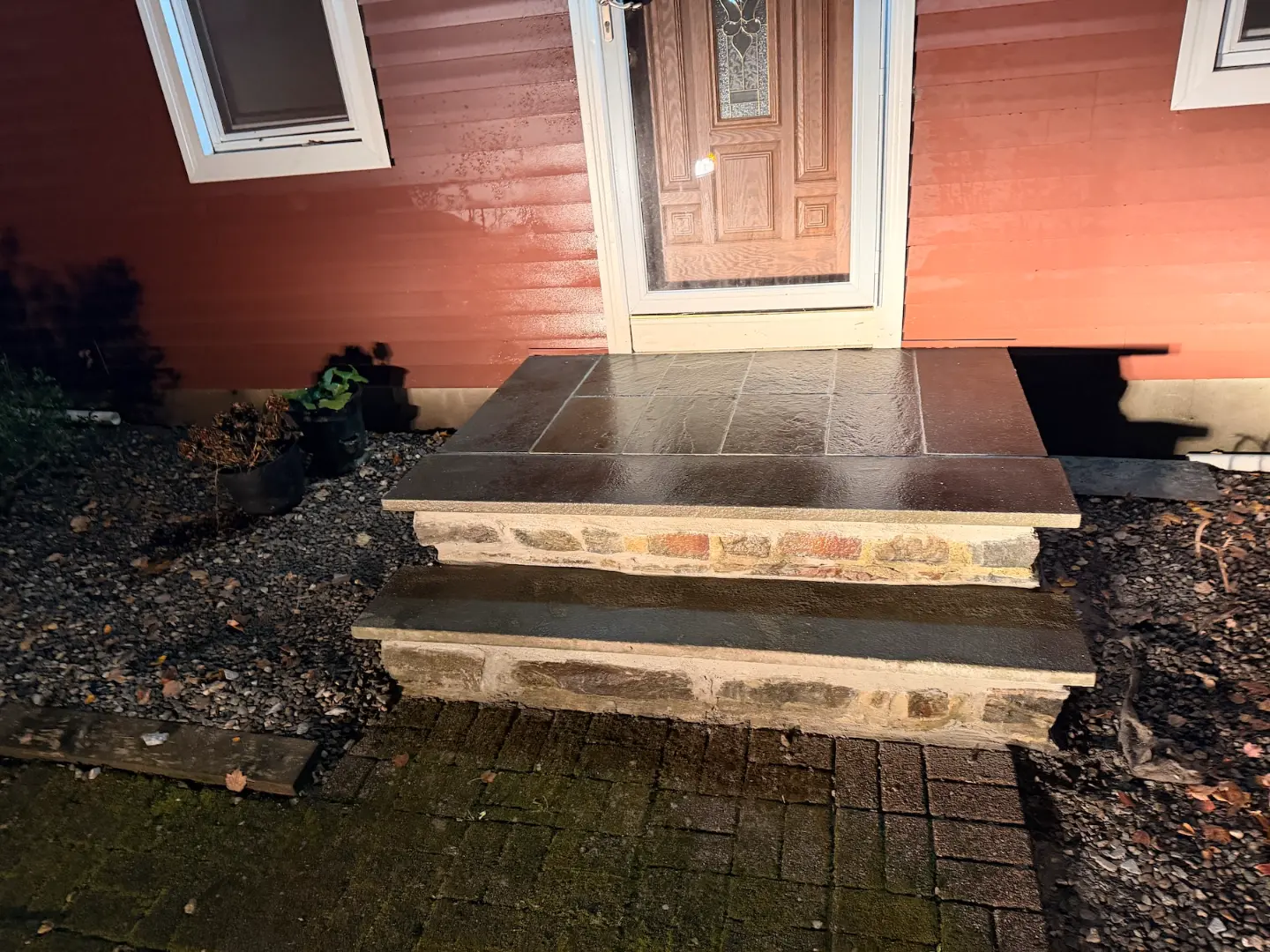Rebuilt bluestone entry steps with fieldstone base — Palmer, MA
