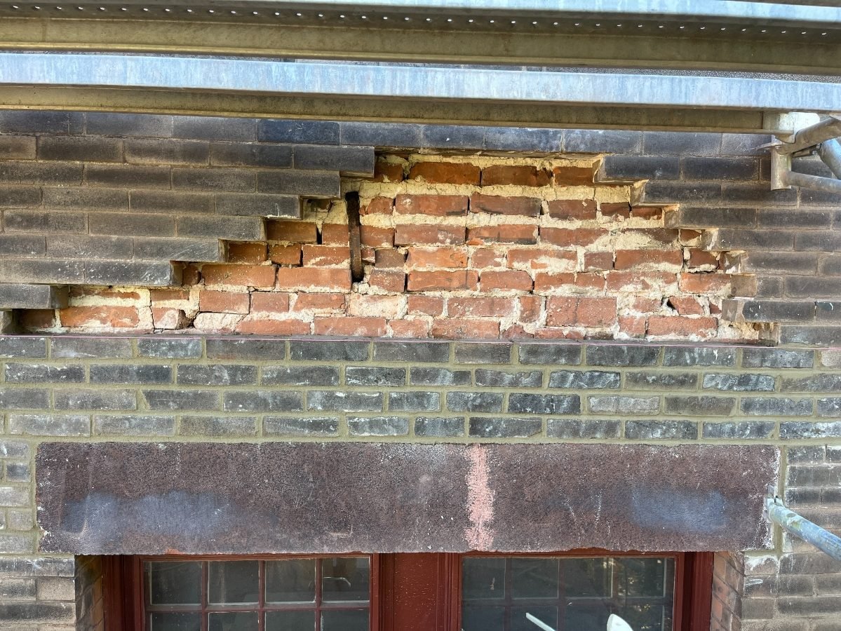 Historic brick facade opened up during restoration