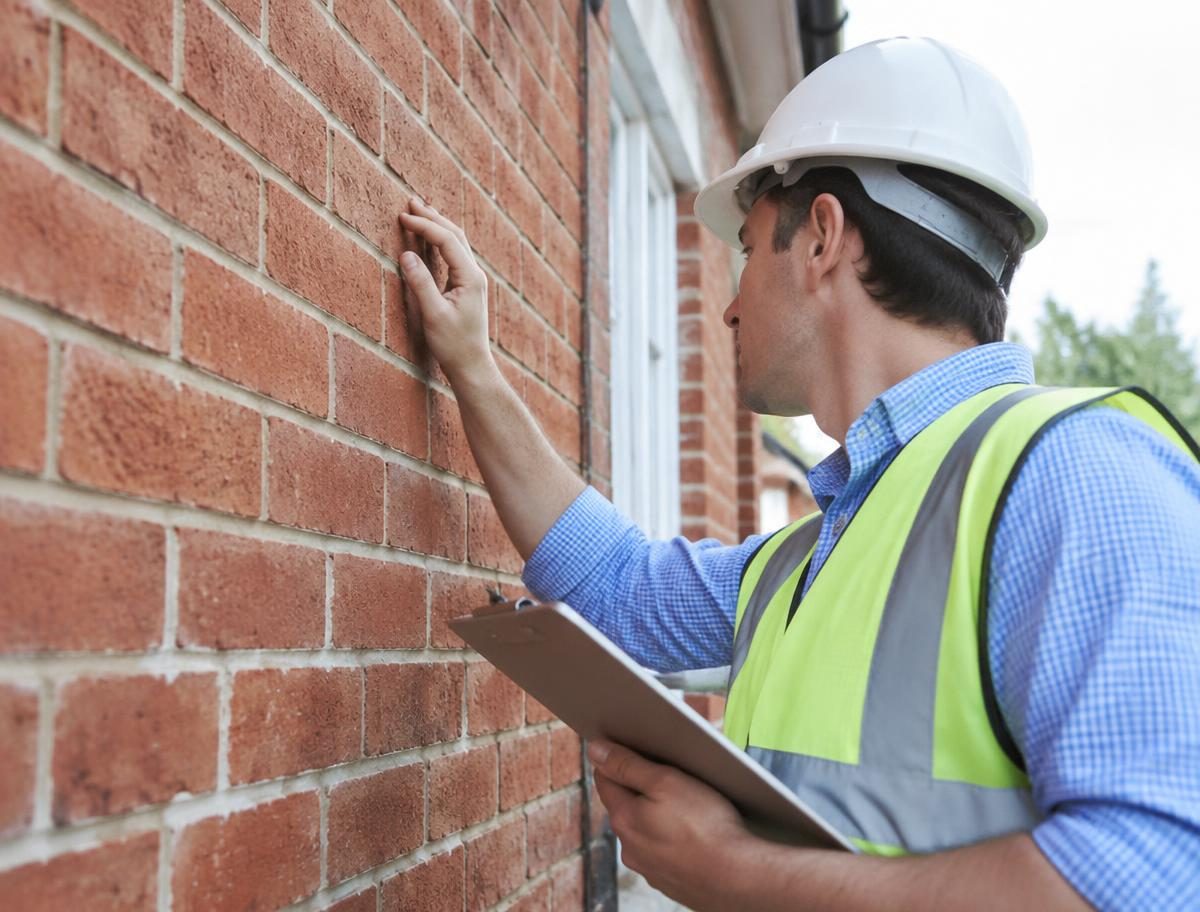 Masonry inspector examining a brick wall with a clipboard