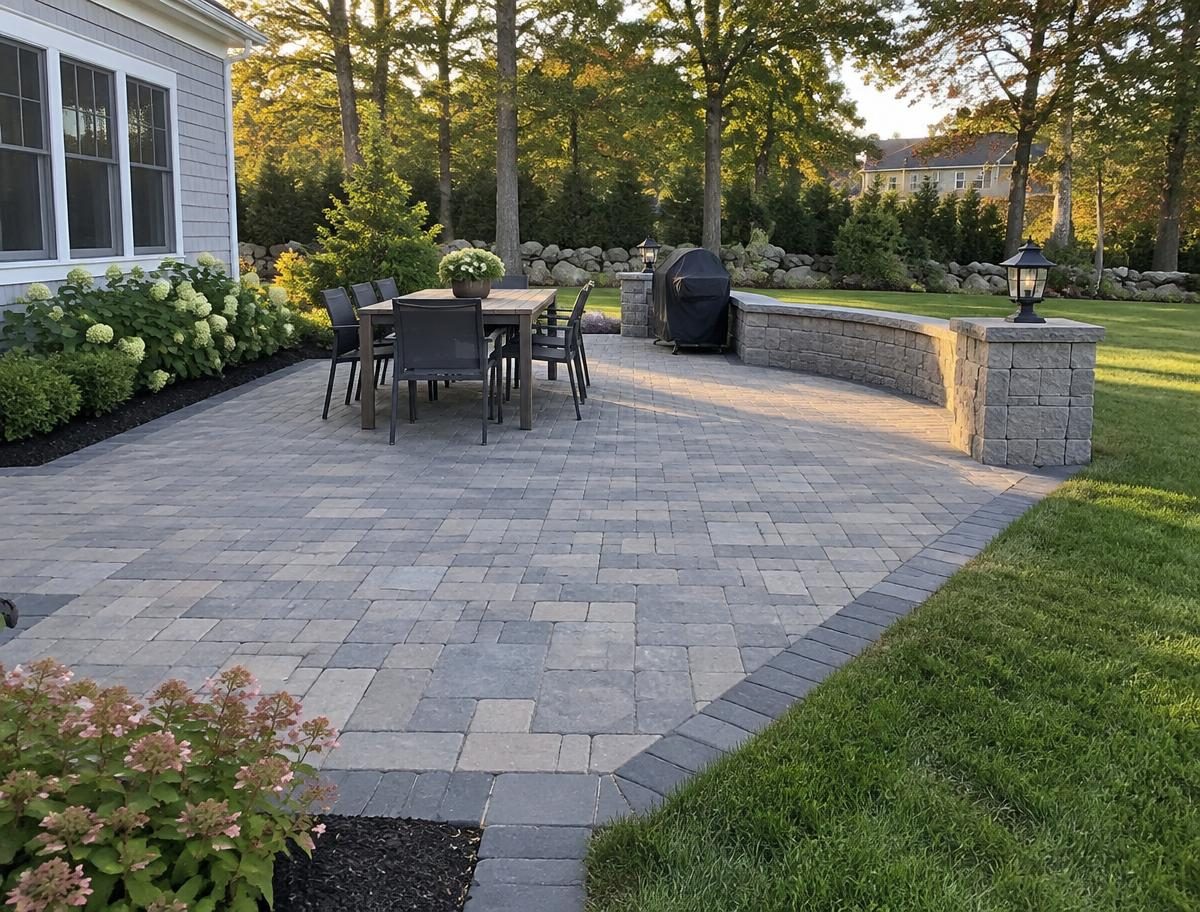 Finished paver patio with a stone seat wall
